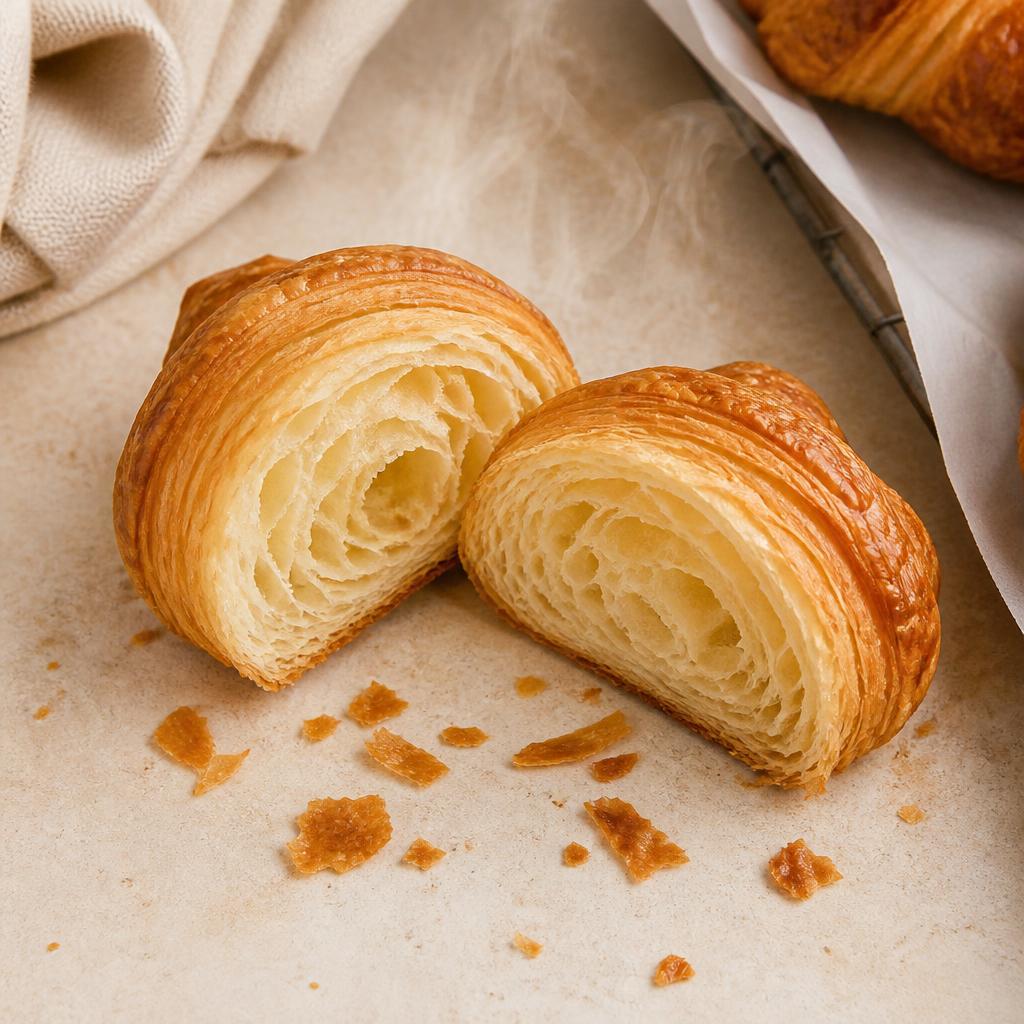 Croissant amanteigado aberto ao meio mostrando a maciez e o frescor da massa