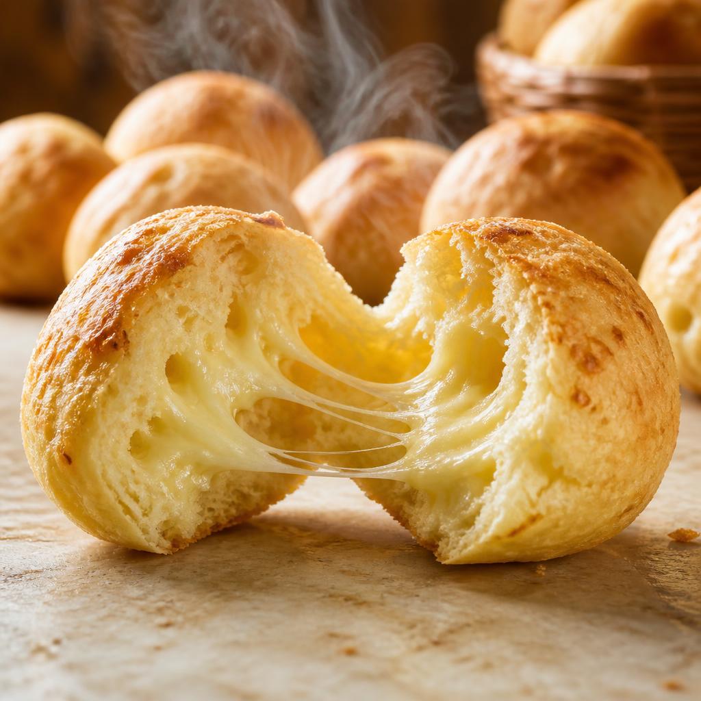 Pão de queijo da casa aberto ao meio mostrando a maciez e o frescor da massa