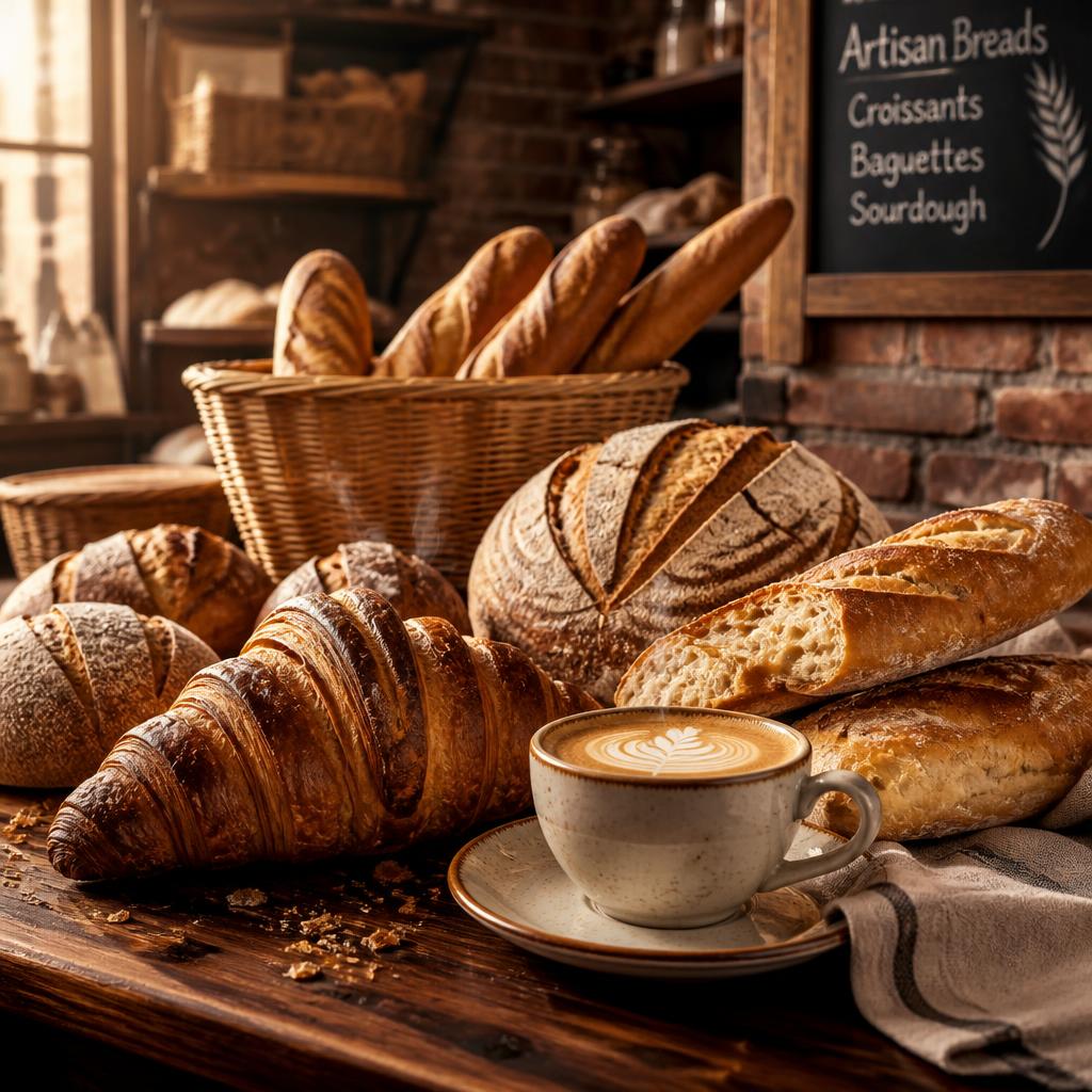 Pães artesanais, croissants e café fresco da Padaria Forno Vivo