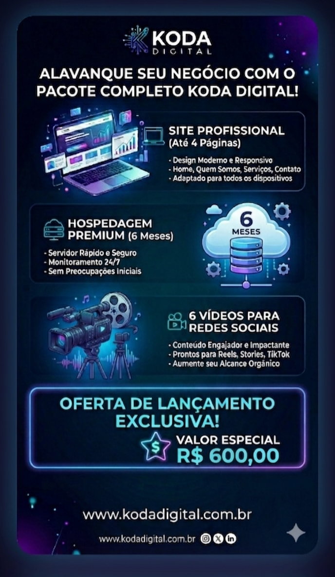 site + hospedagem + vídeos por R$600 — Pack Início Rápido Koda Digital São Paulo
