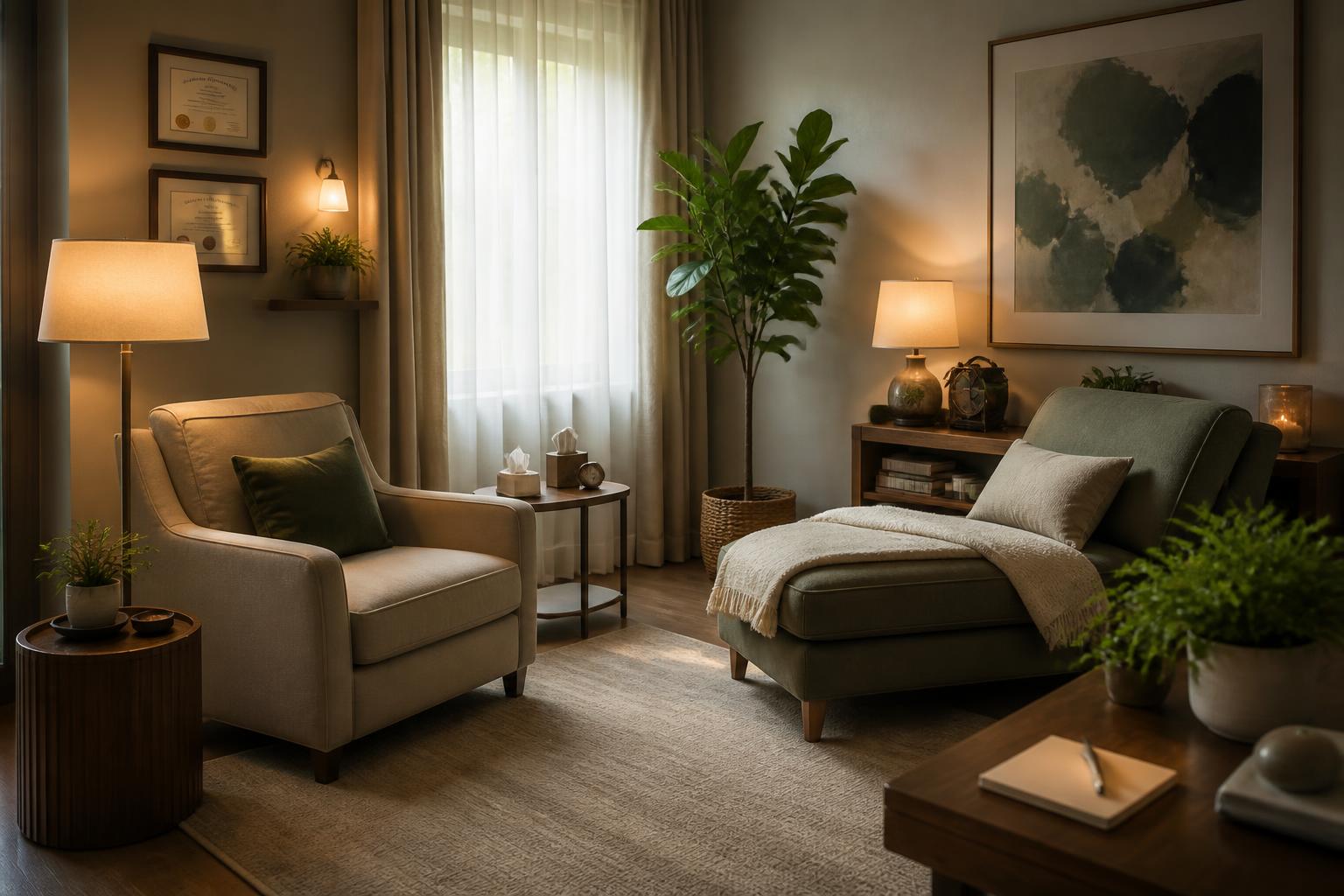 Sala de atendimento psicológico aconchegante com poltrona, chaise e iluminação suave