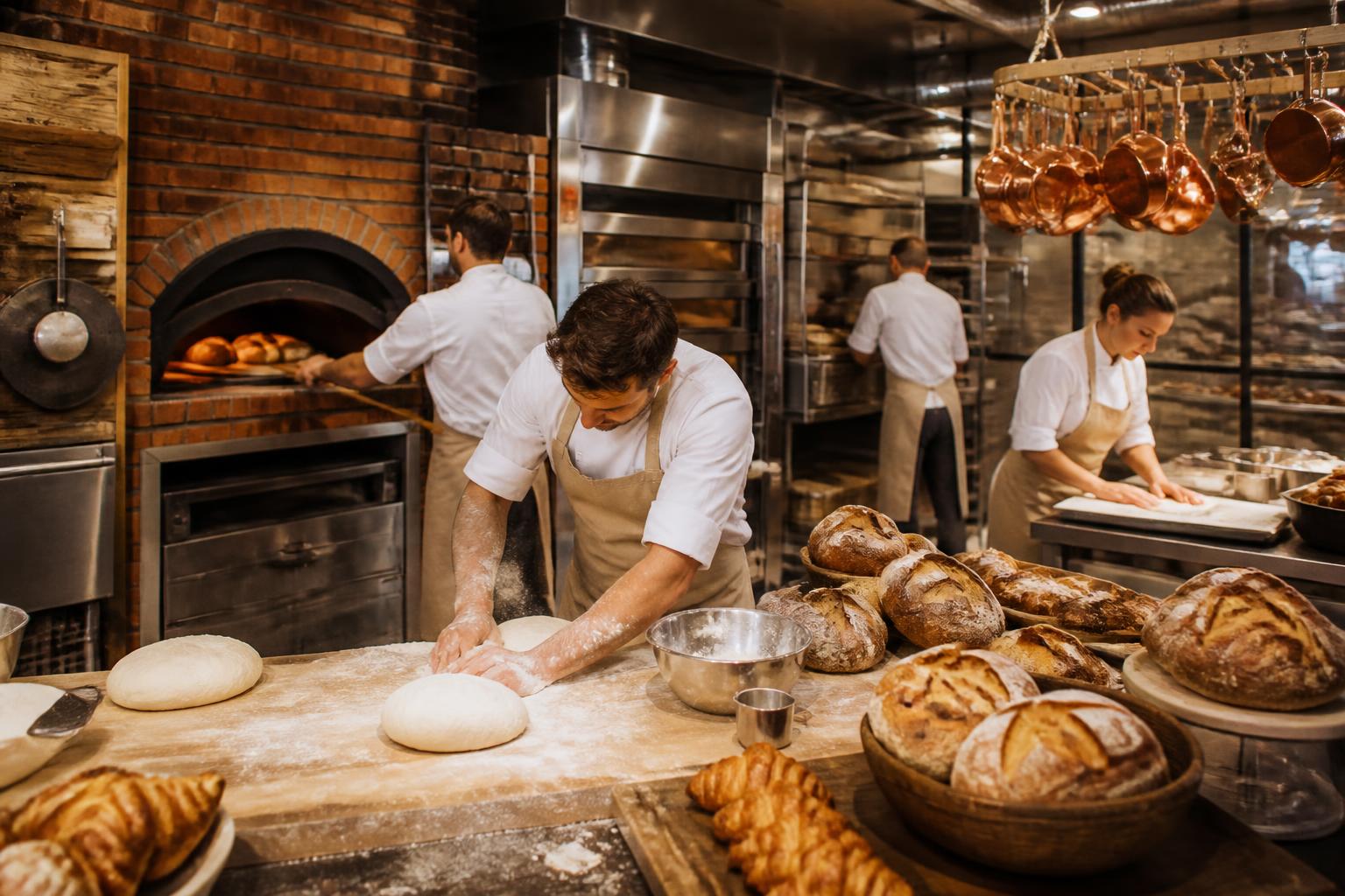 Cozinha da padaria com fornos a lenha, padeiros trabalhando massa e pães saindo do forno