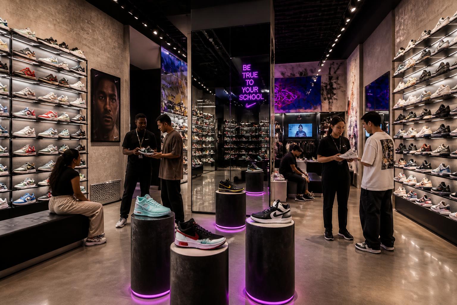 Interior da Drop/77: paredes repletas de tênis iluminados, espelhos, pedestais com edições limitadas e vendedores atendendo clientes